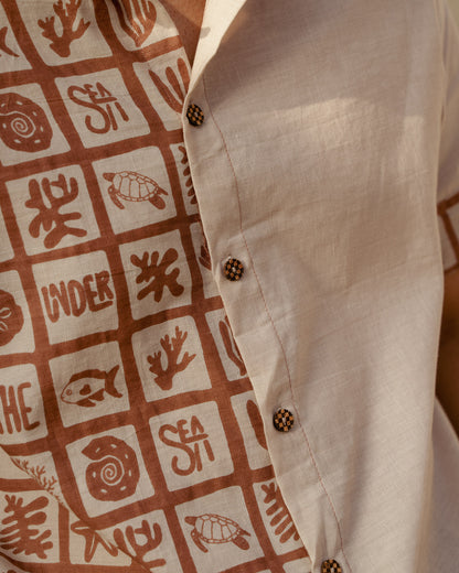 Aqua Block Terracotta Beige Linen Shirt
