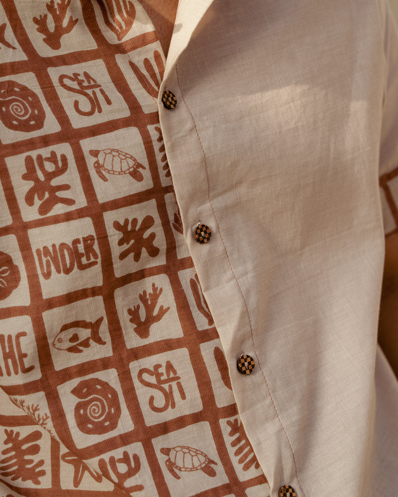 Aqua Block Terracotta Beige Linen Shirt