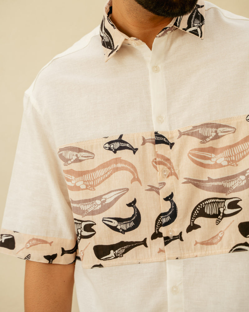 Skeleton Fish Flirt Middle Patch Oversize Linen Shirt