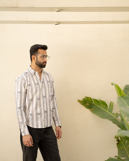 Palm Tree Grey Full Sleeves Cotton Shirt