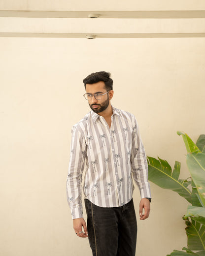 Palm Tree Grey Full Sleeves Cotton Shirt