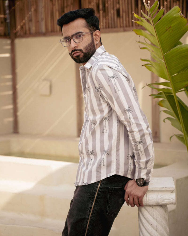 Palm Tree Grey Full Sleeves Cotton Shirt