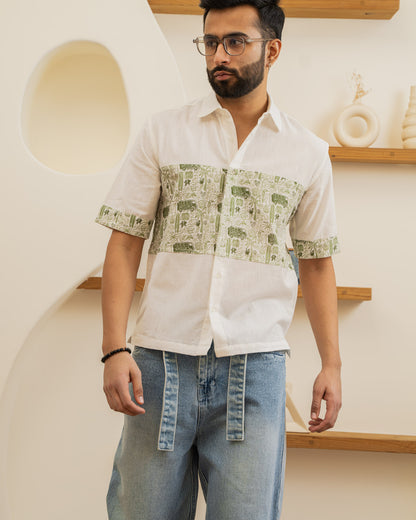 Beach Doodle Olive Middle Patch Linen Shirt