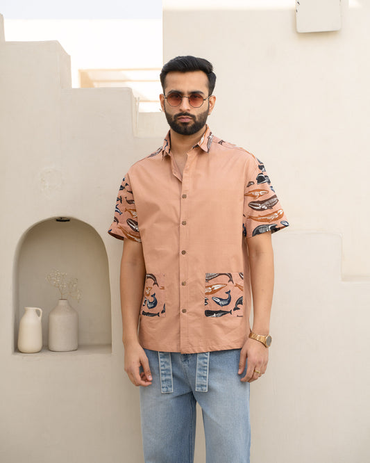 Skeleton Fish Brown Pocket Cotton Shirt