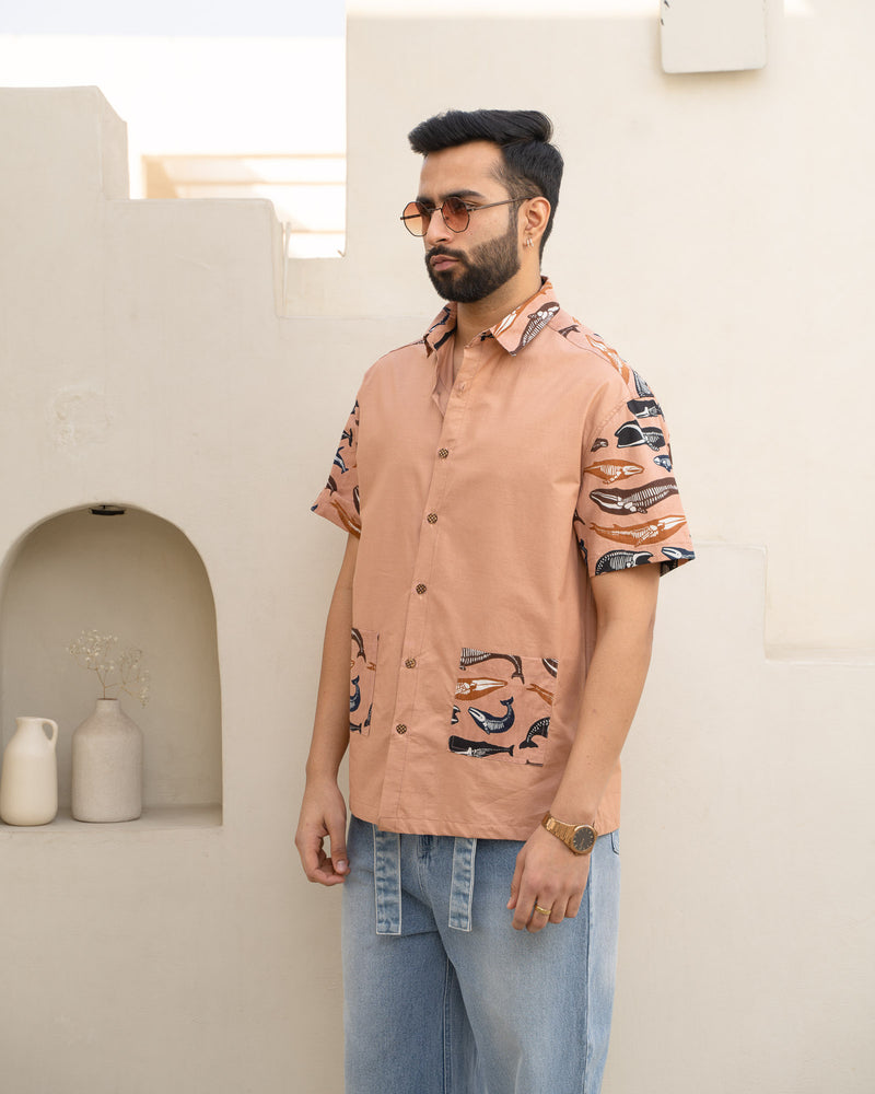 Skeleton Fish Brown Pocket Cotton Shirt