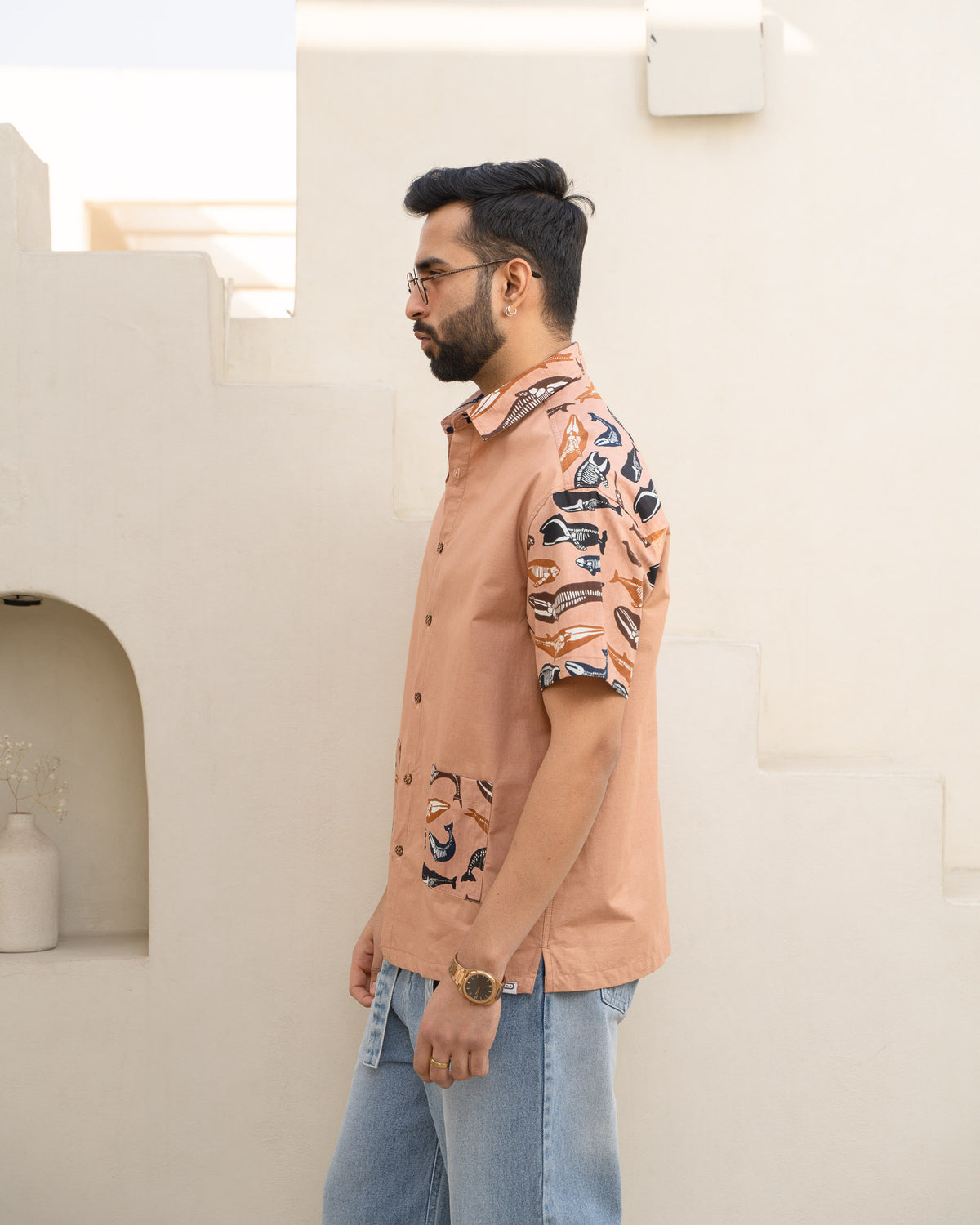 Skeleton Fish Brown Pocket Cotton Shirt