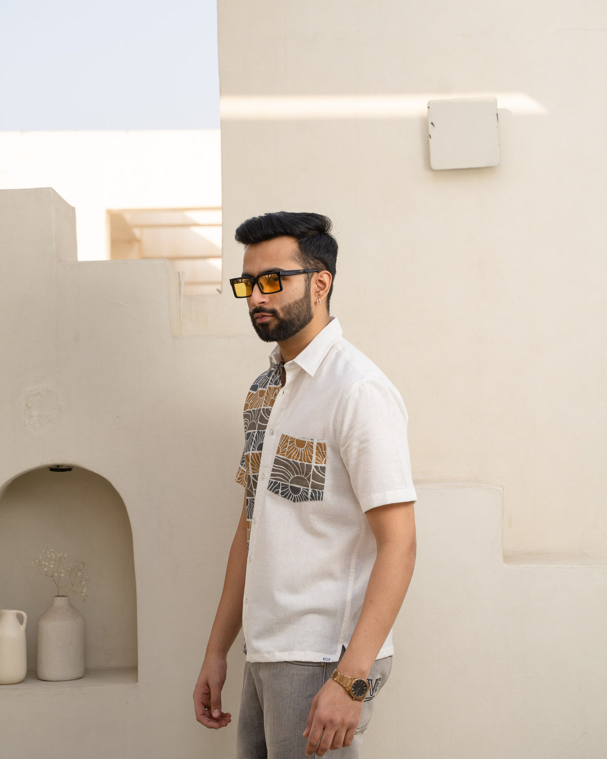 Beach Sun Beige Half And Half Linen Shirt