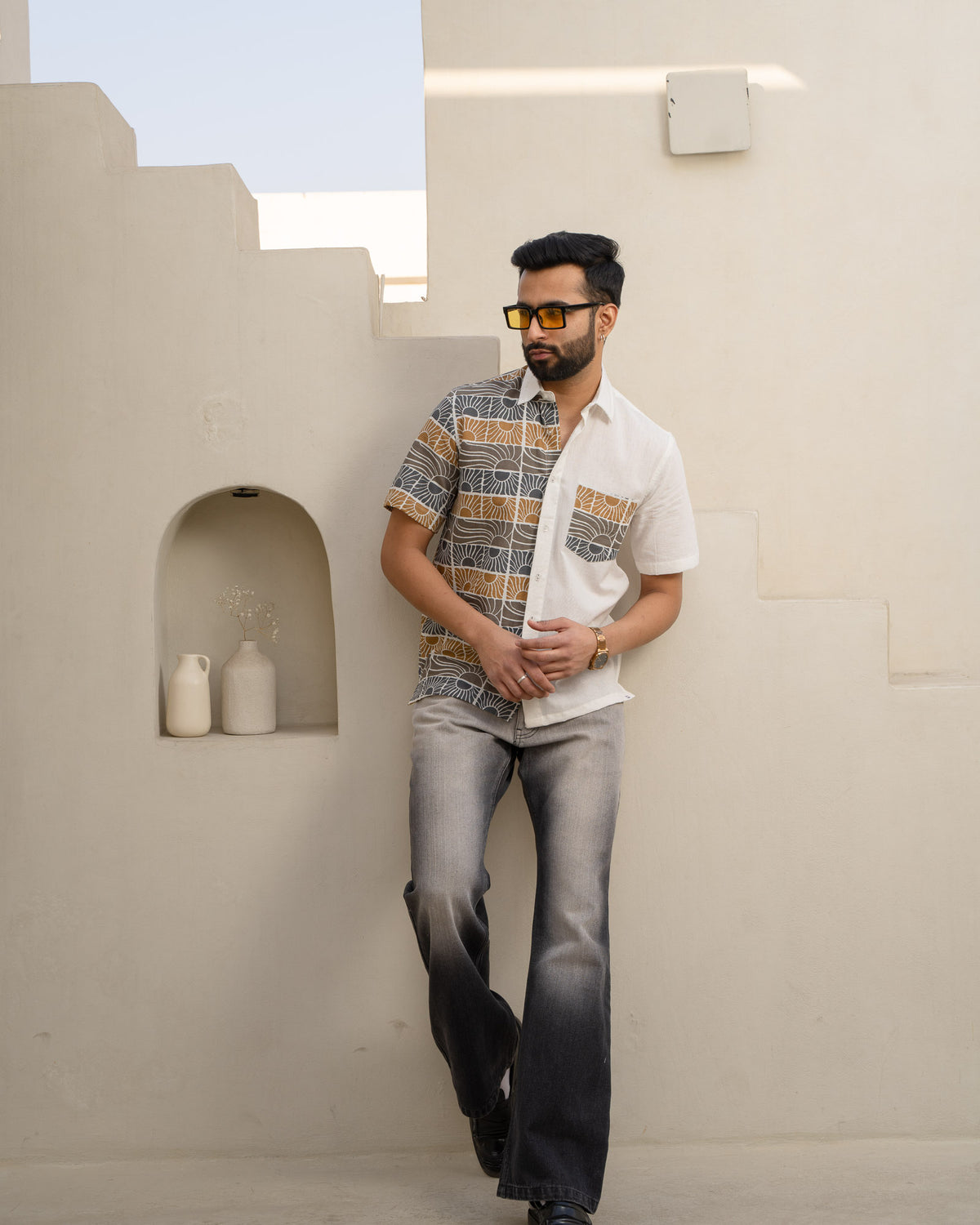 Beach Sun Beige Half And Half Linen Shirt