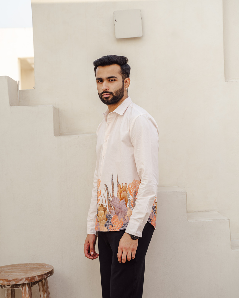 Aquatic Plant Ivory Full Sleeves Cotton Shirt