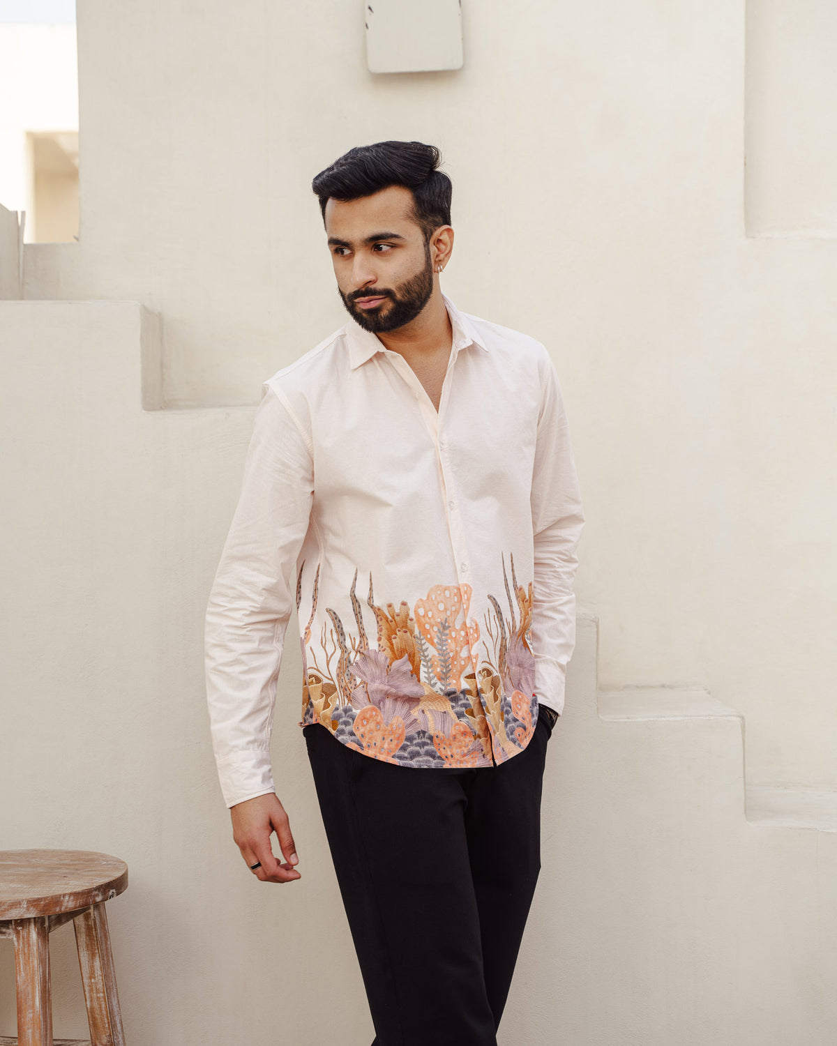 Aquatic Plant Ivory Full Sleeves Cotton Shirt