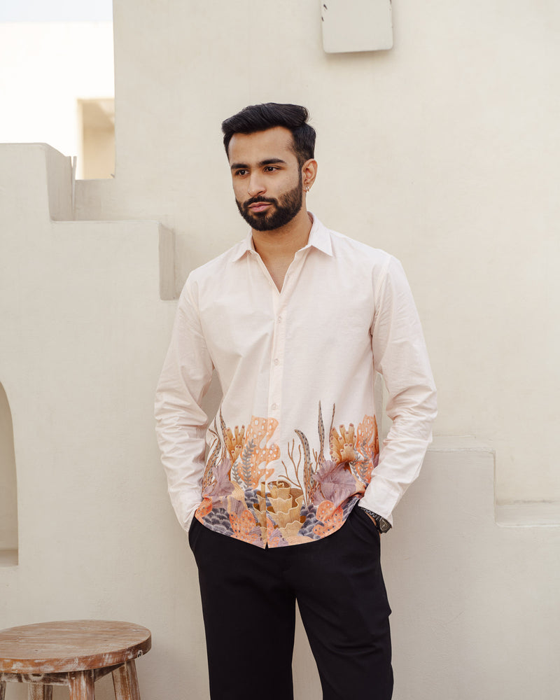 Aquatic Plant Ivory Full Sleeves Cotton Shirt