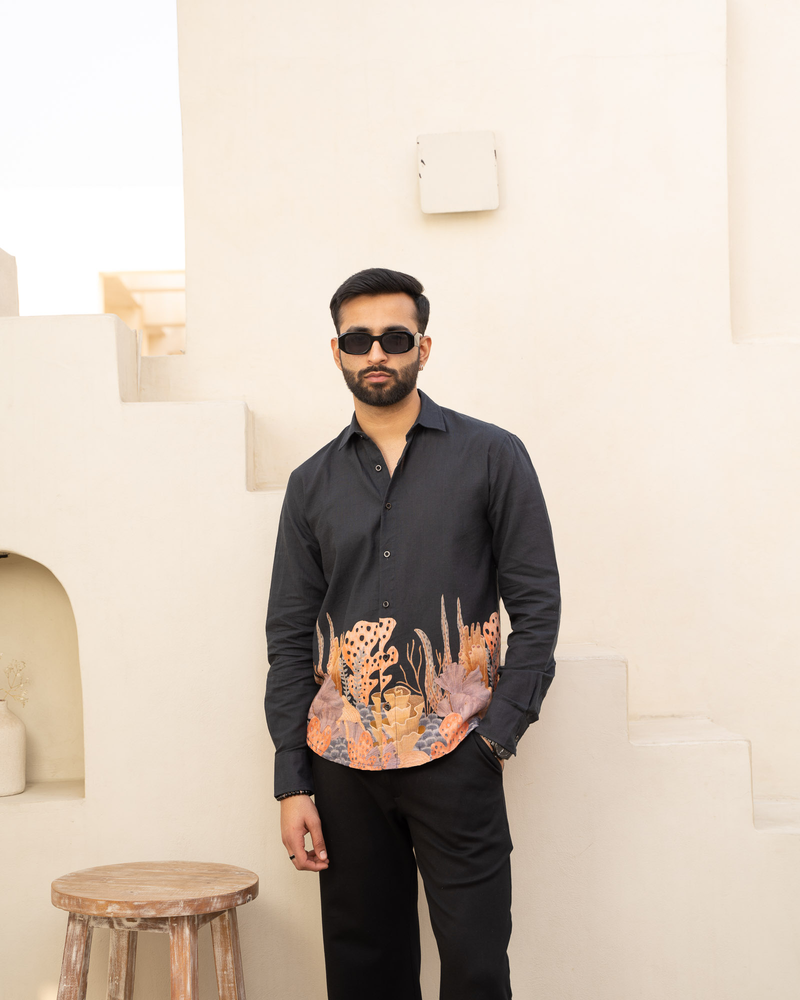 Aquatic Plant Ebony Full Sleeves Linen Shirt