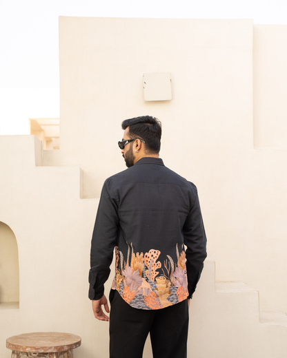 Aquatic Plant Ebony Full Sleeves Linen Shirt