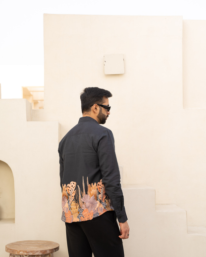 Aquatic Plant Ebony Full Sleeves Linen Shirt