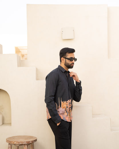 Aquatic Plant Ebony Full Sleeves Linen Shirt