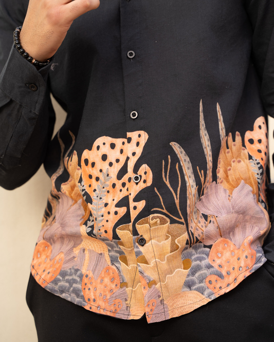 Aquatic Plant Ebony Full Sleeves Linen Shirt