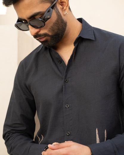 Aquatic Plant Ebony Full Sleeves Linen Shirt