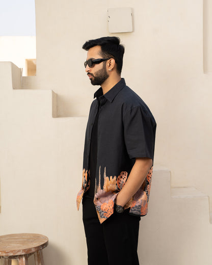 Aquatic Plant Ebony Oversize Linen Shirt
