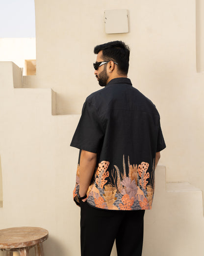 Aquatic Plant Ebony Oversize Linen Shirt