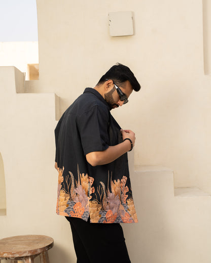 Aquatic Plant Ebony Oversize Linen Shirt