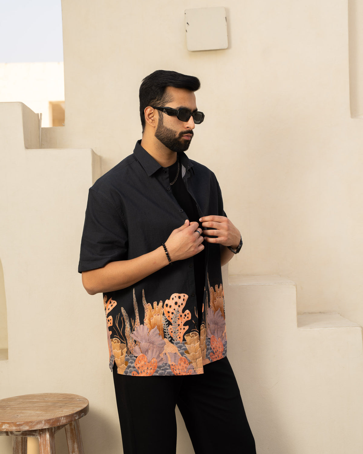 Aquatic Plant Ebony Oversize Linen Shirt