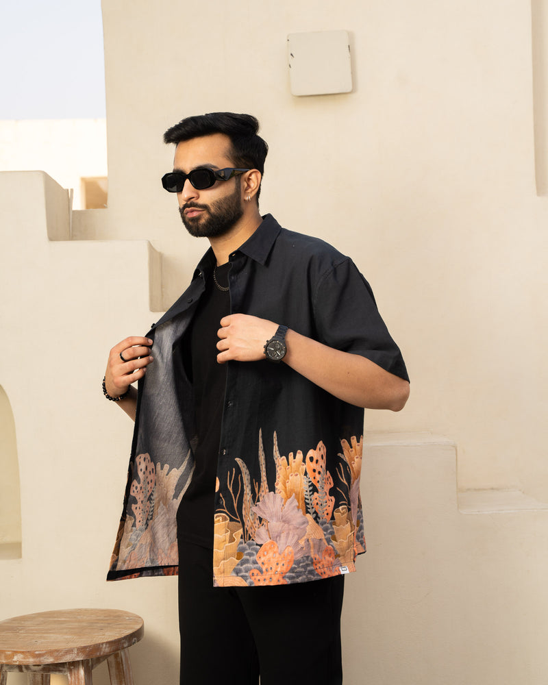 Aquatic Plant Ebony Oversize Linen Shirt