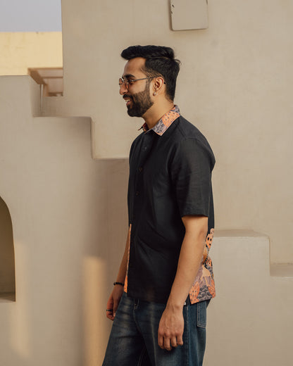 Aquatic Plant Ebony Side Patch Linen Shirt
