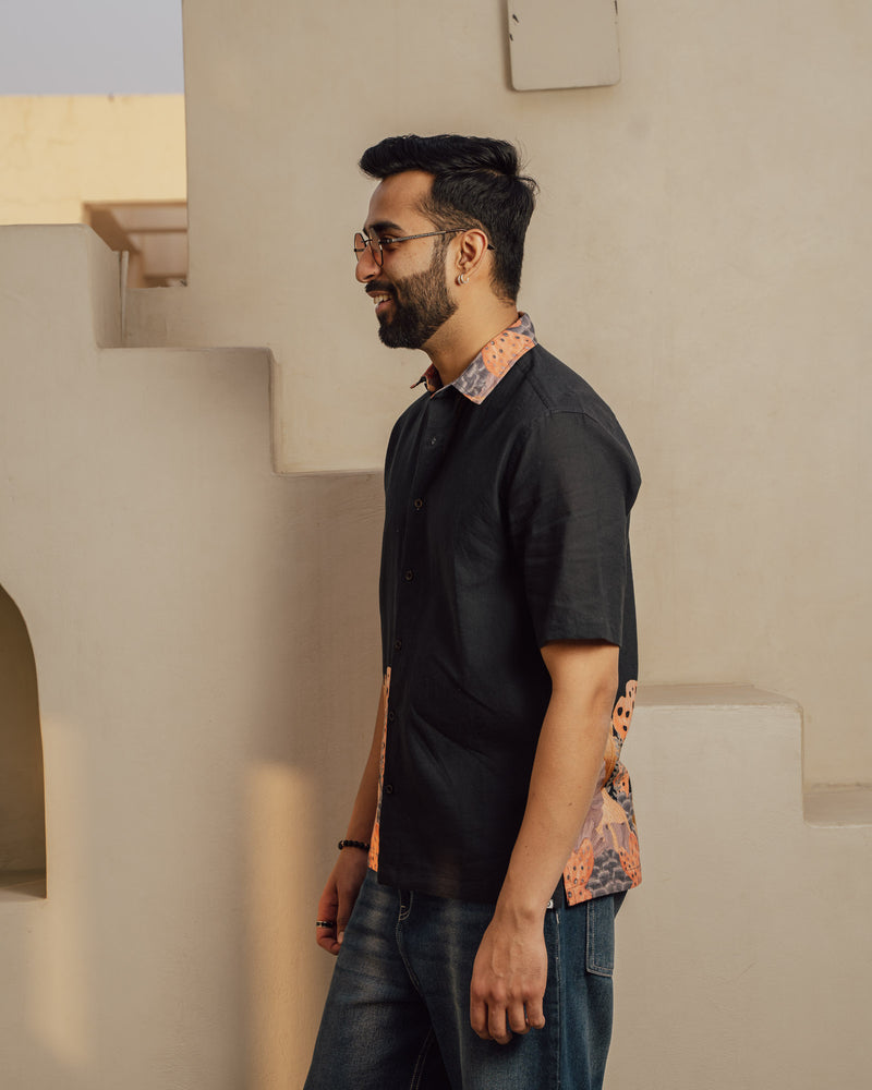 Aquatic Plant Ebony Side Patch Linen Shirt
