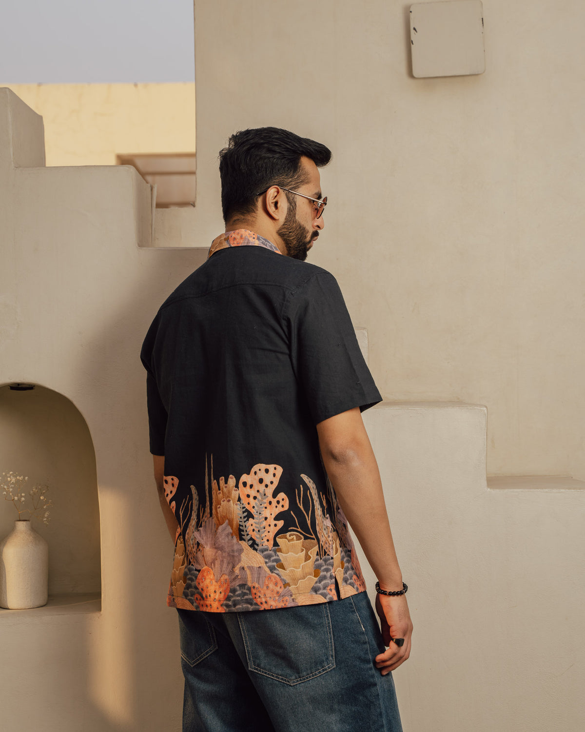 Aquatic Plant Ebony Side Patch Linen Shirt