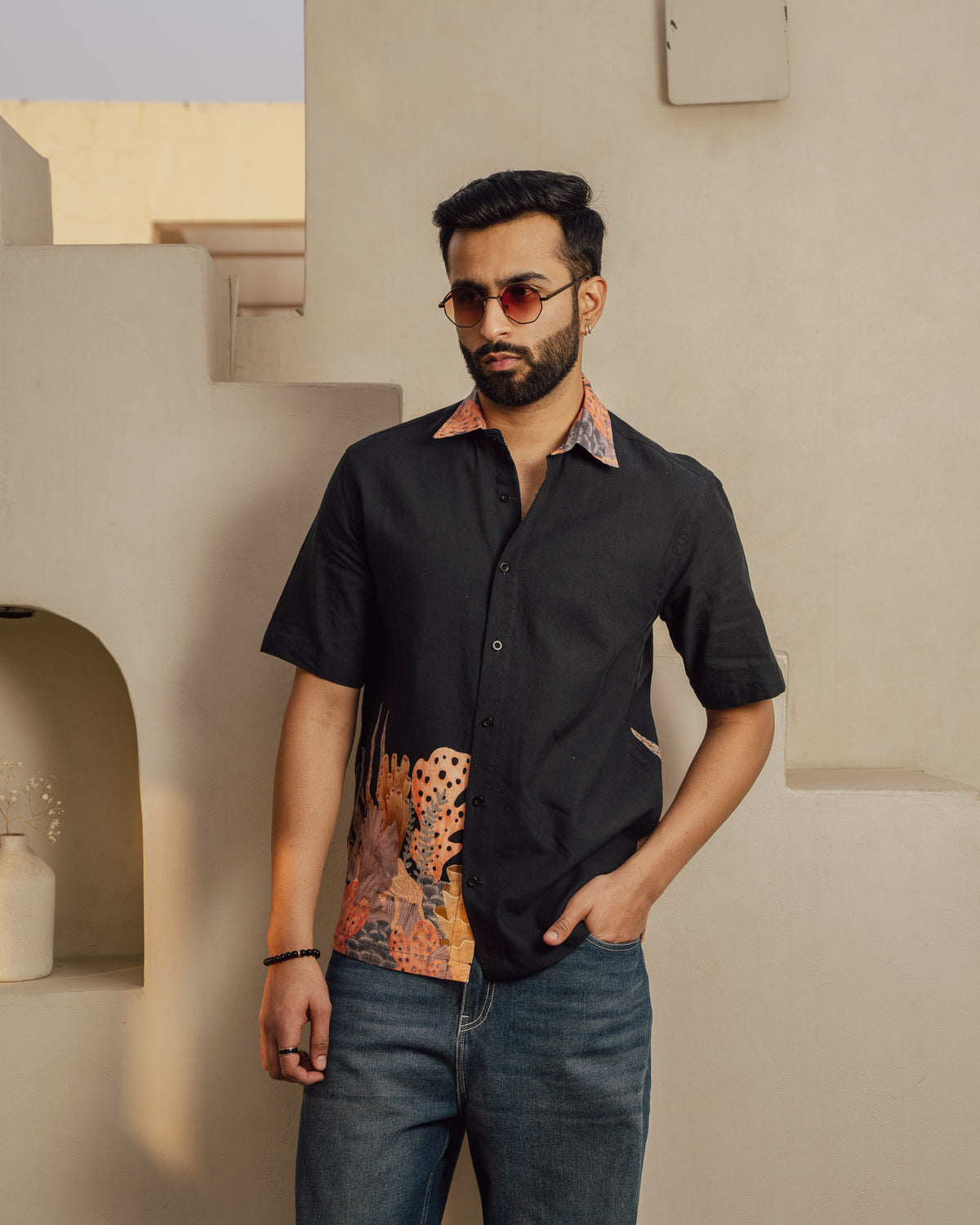 Aquatic Plant Ebony Side Patch Linen Shirt