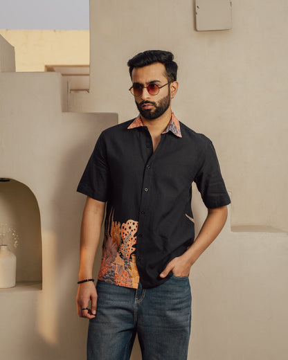 Aquatic Plant Ebony Side Patch Linen Shirt