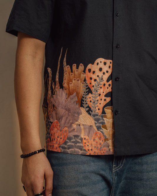 Aquatic Plant Ebony Side Patch Linen Shirt