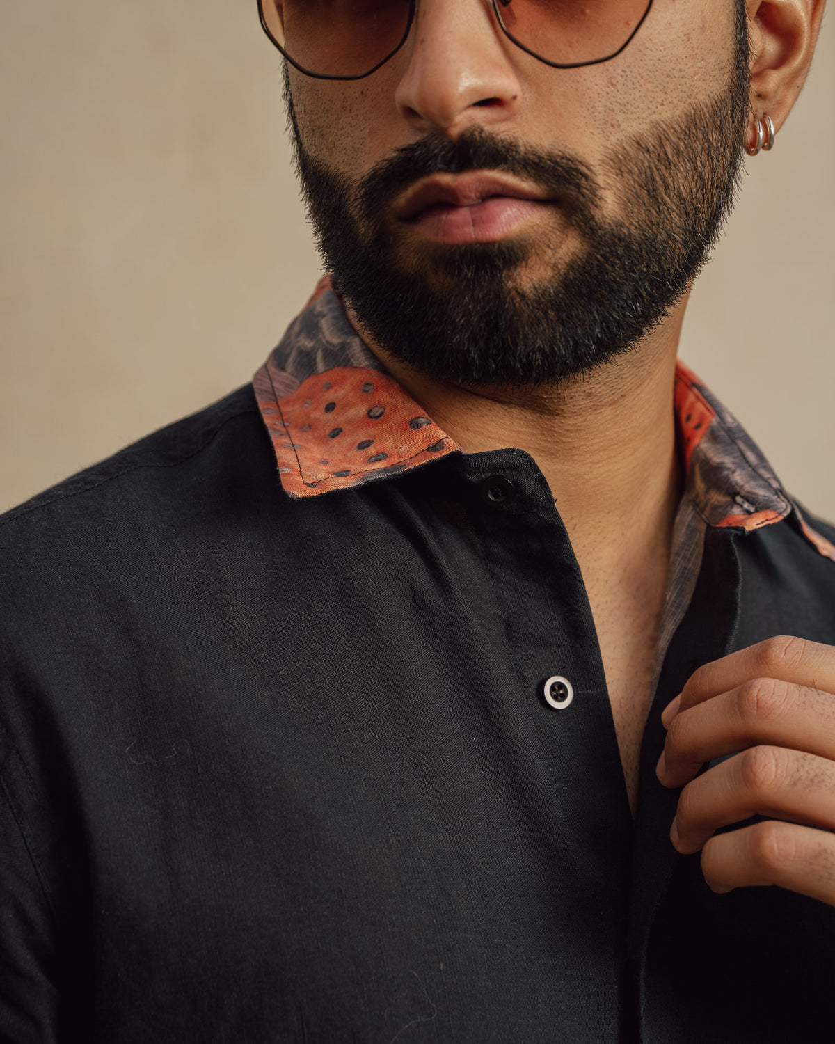Aquatic Plant Ebony Side Patch Linen Shirt