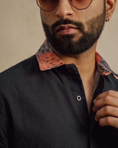 Aquatic Plant Ebony Side Patch Linen Shirt