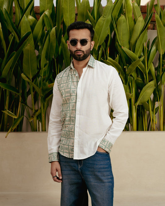 Aqua Block Mint Full Sleeves Linen Shirt