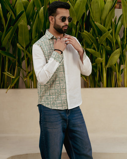 Aqua Block Mint Full Sleeves Linen Shirt