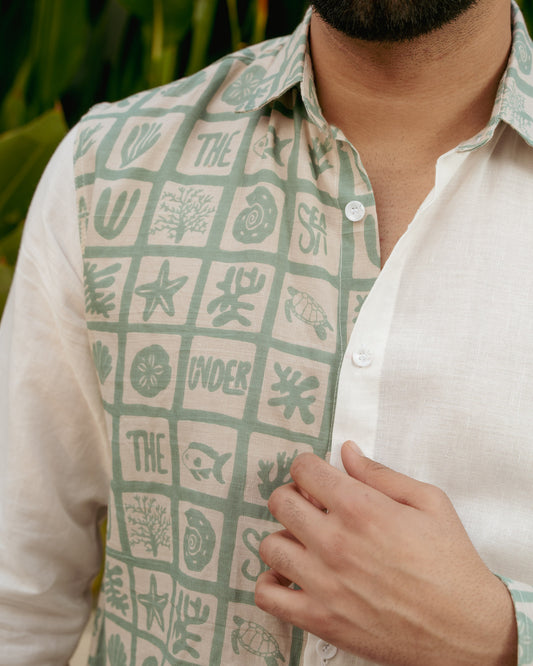 Aqua Block Mint Full Sleeves Linen Shirt