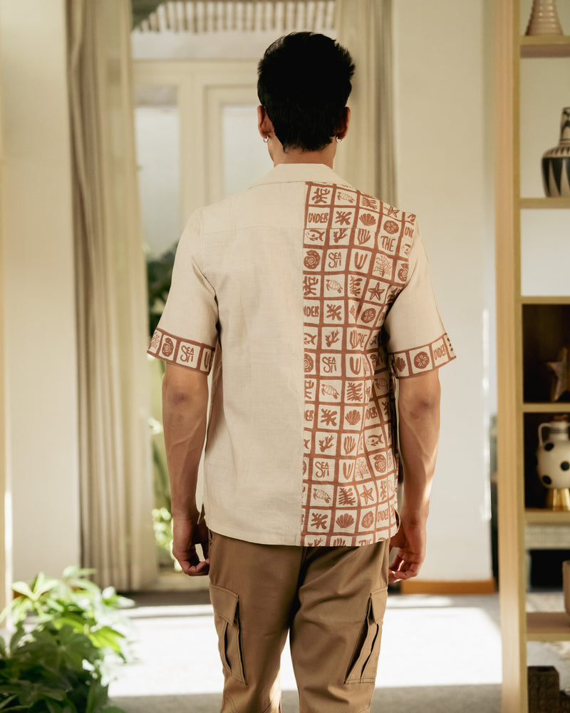Aqua Block Terracotta Beige Linen Shirt