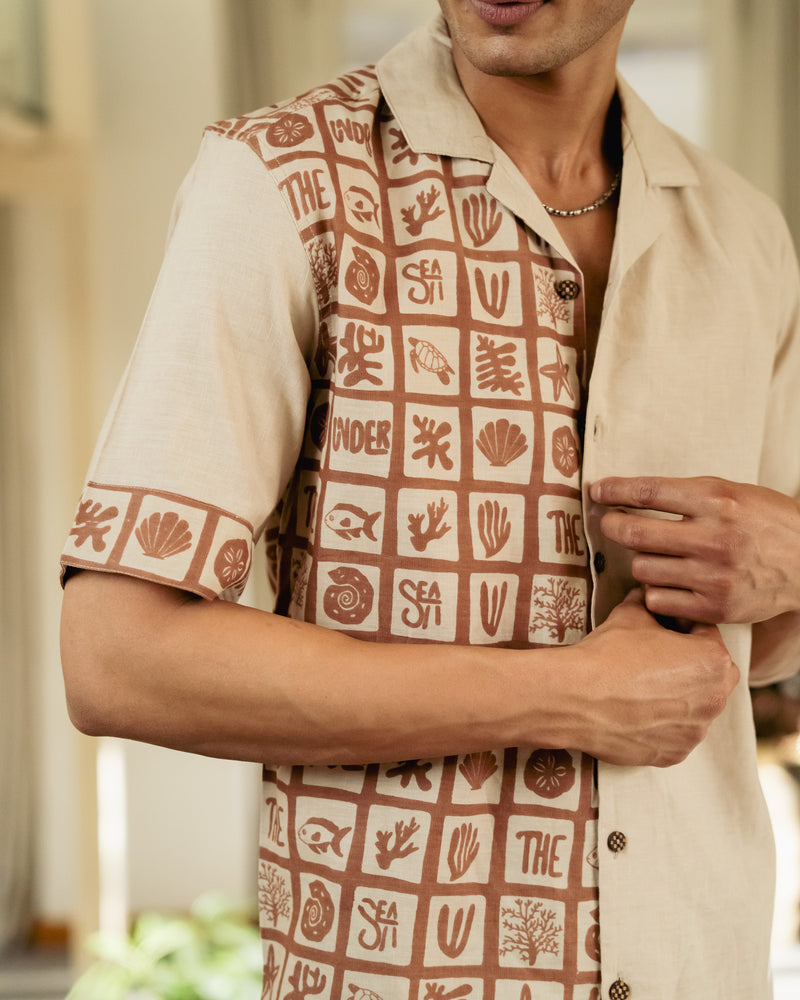 Aqua Block Terracotta Beige Linen Shirt