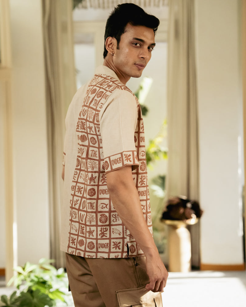 Aqua Block Terracotta Beige Linen Shirt